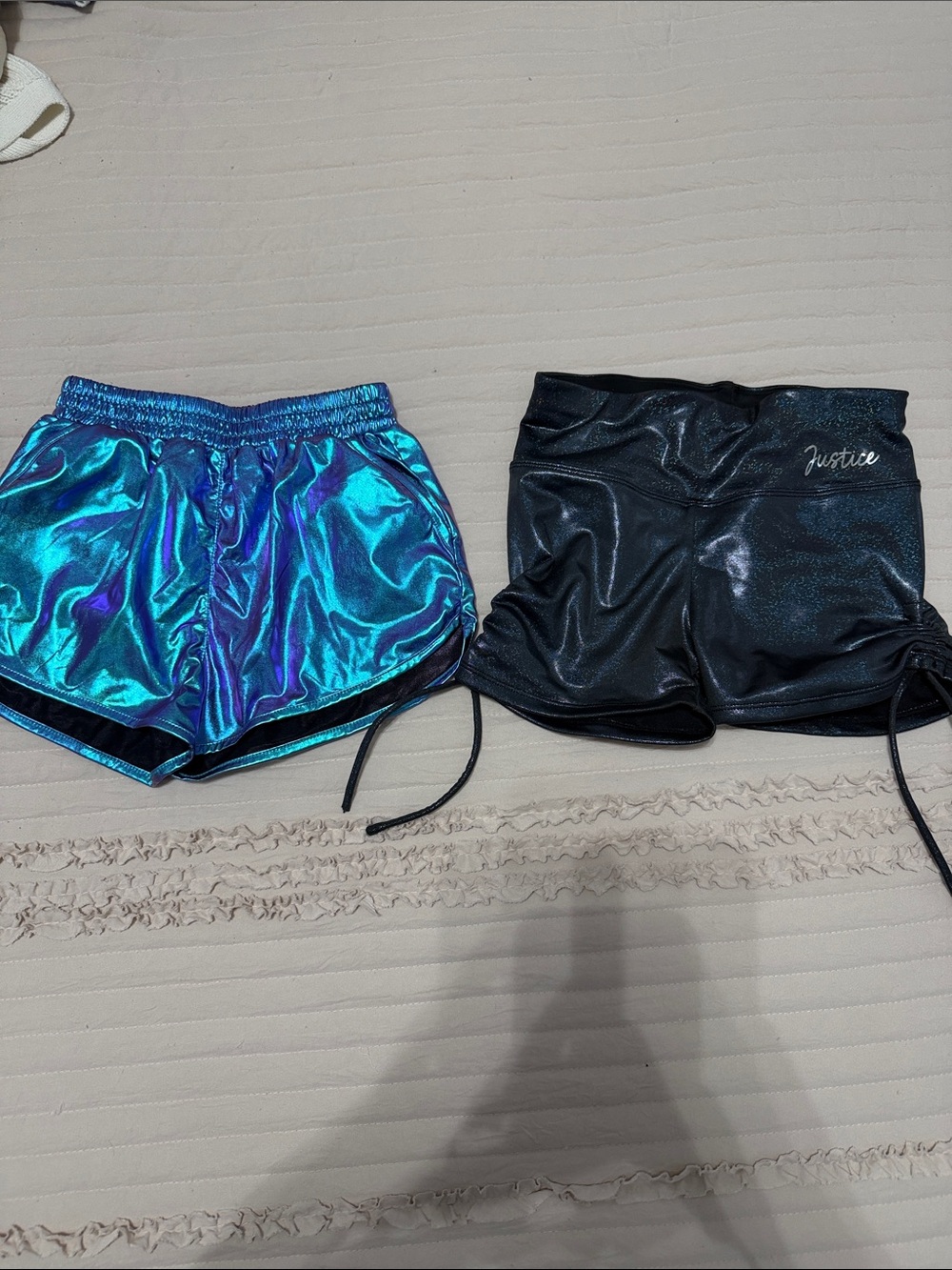Justice Girls Teal Metallic and Black Shimmer Athletic Shorts Set